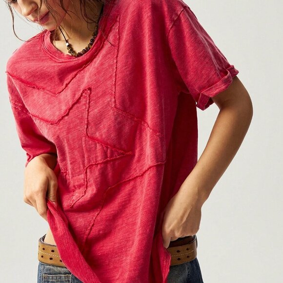 Red Casual Women's Star Pattern Round Neck Short Sleeve Loose Washing T-Shirt - Picture 3 of 7